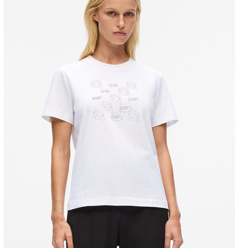 Тениска от органичен памук с декоративни камъни - Бял Karl Lagerfeld