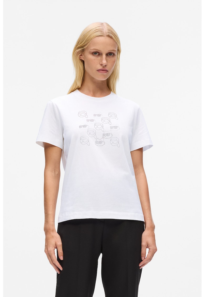 Тениска от органичен памук с декоративни камъни - Бял Karl Lagerfeld