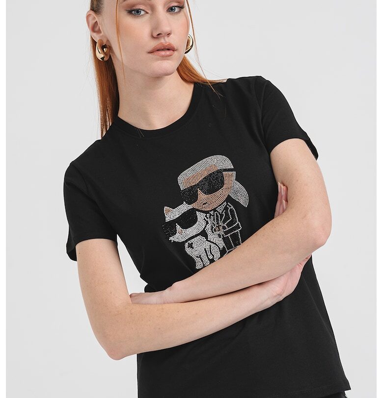 Тениска от органичен памук с декоративни камъни - Черен/Прашно розово/Сребрист Karl Lagerfeld