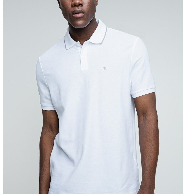 Тениска от памучно пике с яка - Сив/Бял CALVIN KLEIN