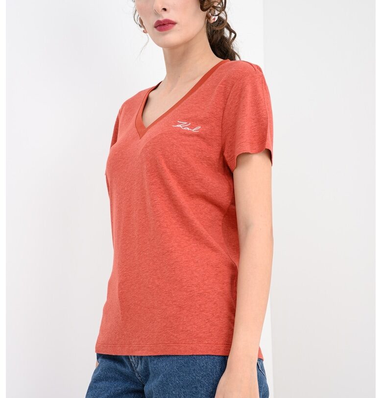 Тениска с лен с лого - Керемидено червено Karl Lagerfeld