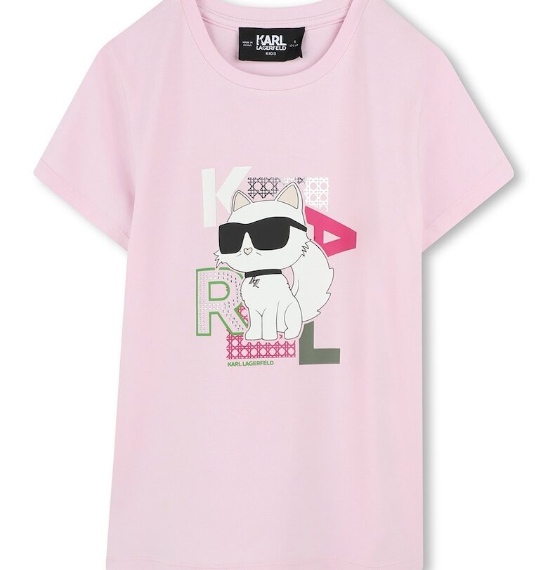 Тениска с модал с лого - Бял/Черен/Бледо розово KARL LAGERFELD KIDS
