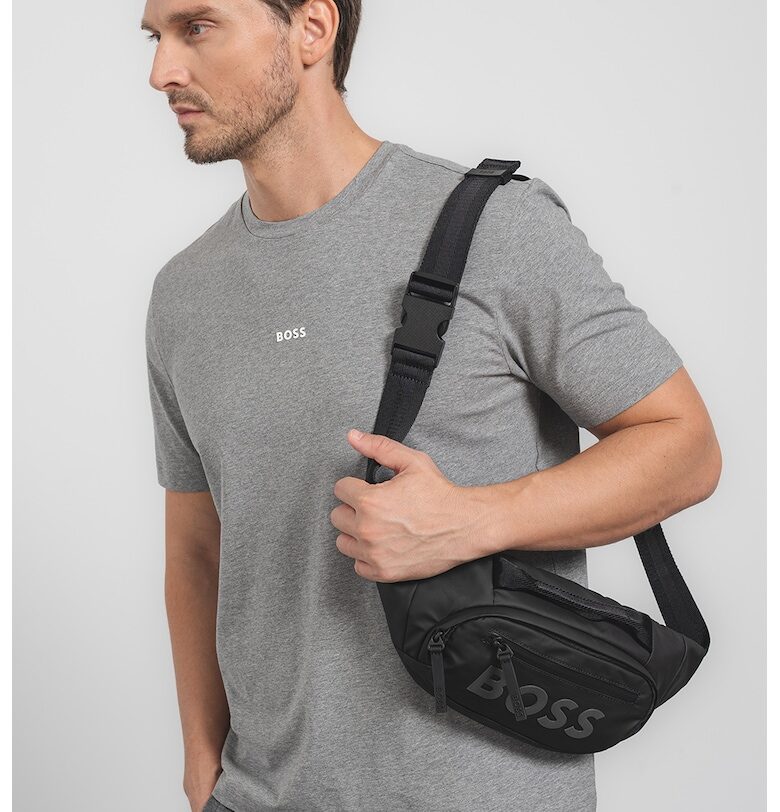 Тениска с овално деколте и лого - Меланж тъмно сиво BOSS