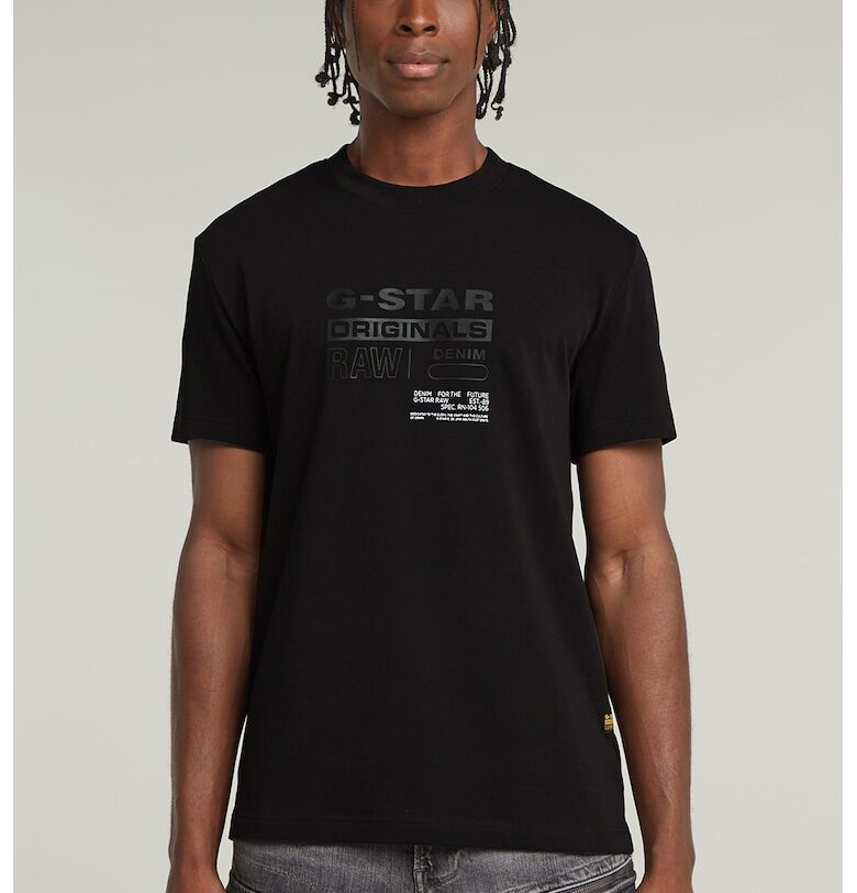 Тениска с овално деколте и лого - Черен/Мръснобял G-STAR