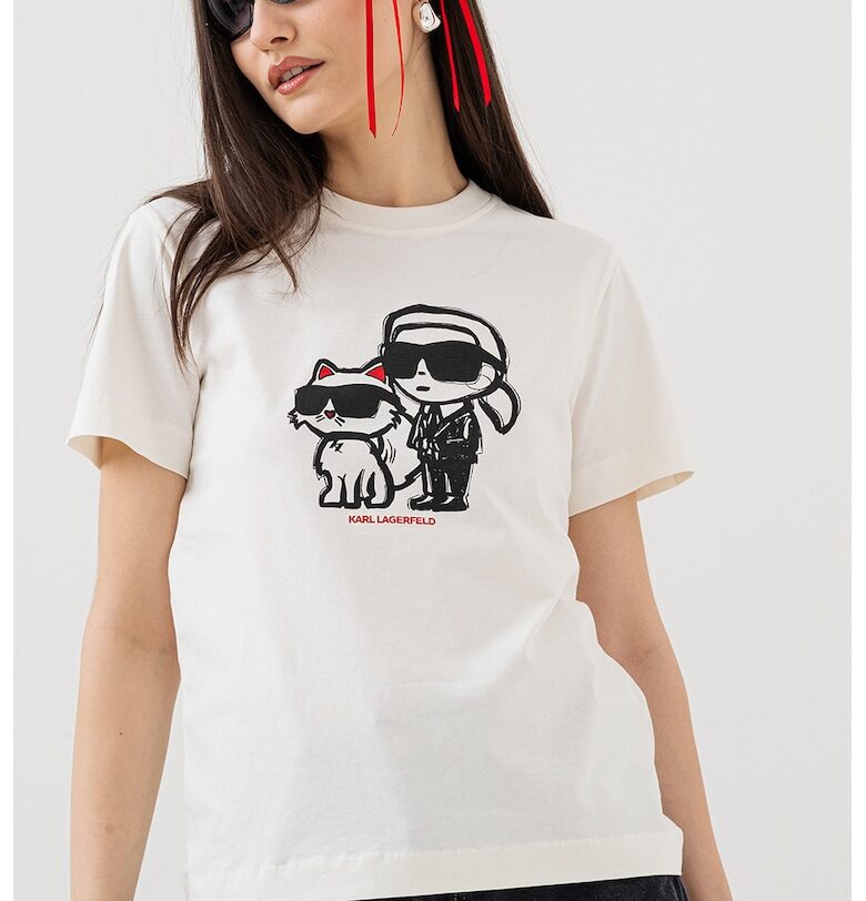 Тениска с шарка и овално деколте - Бял Karl Lagerfeld