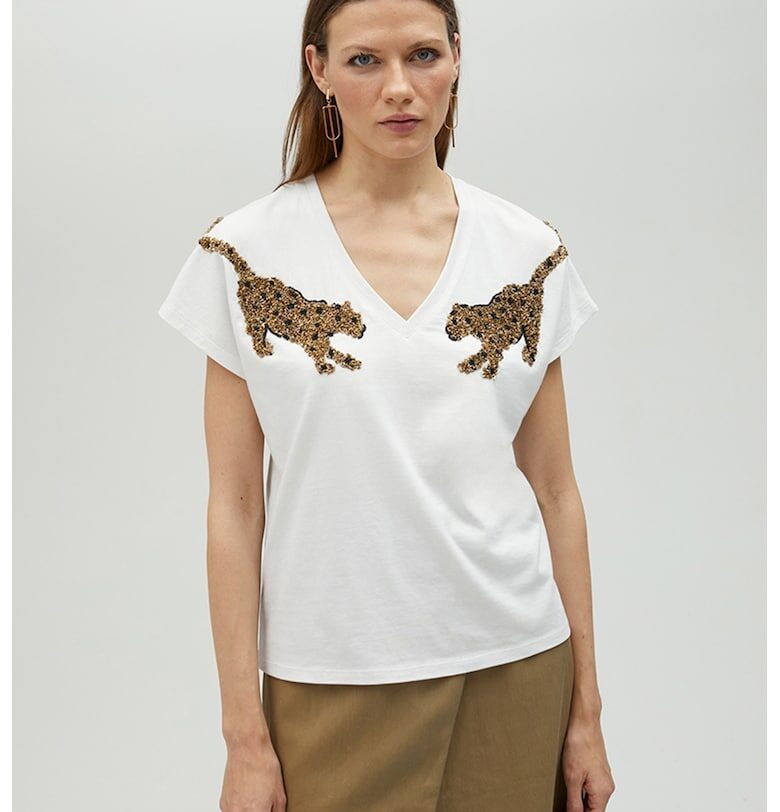 Тениска с шпиц и мъниста - Бял/Карамел Lola casademunt