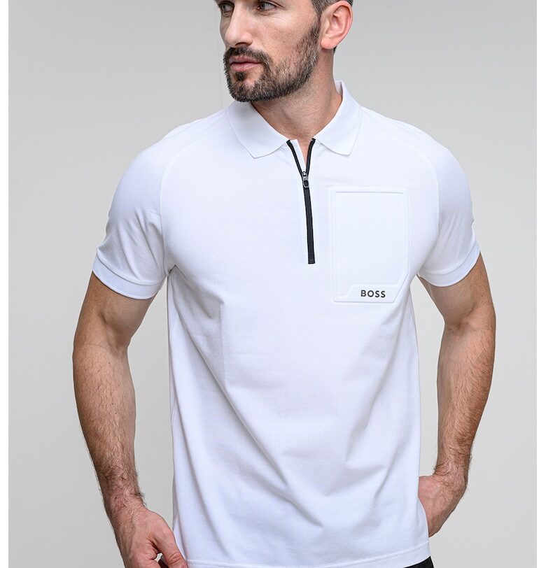Тениска с яка и цип - Бял BOSS