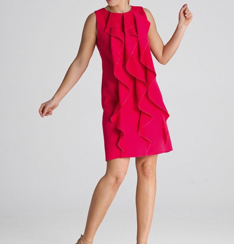 Трапецовидна рокля  M1002 - червена - с волани - 65% полиестер - 35% вискоза Figl