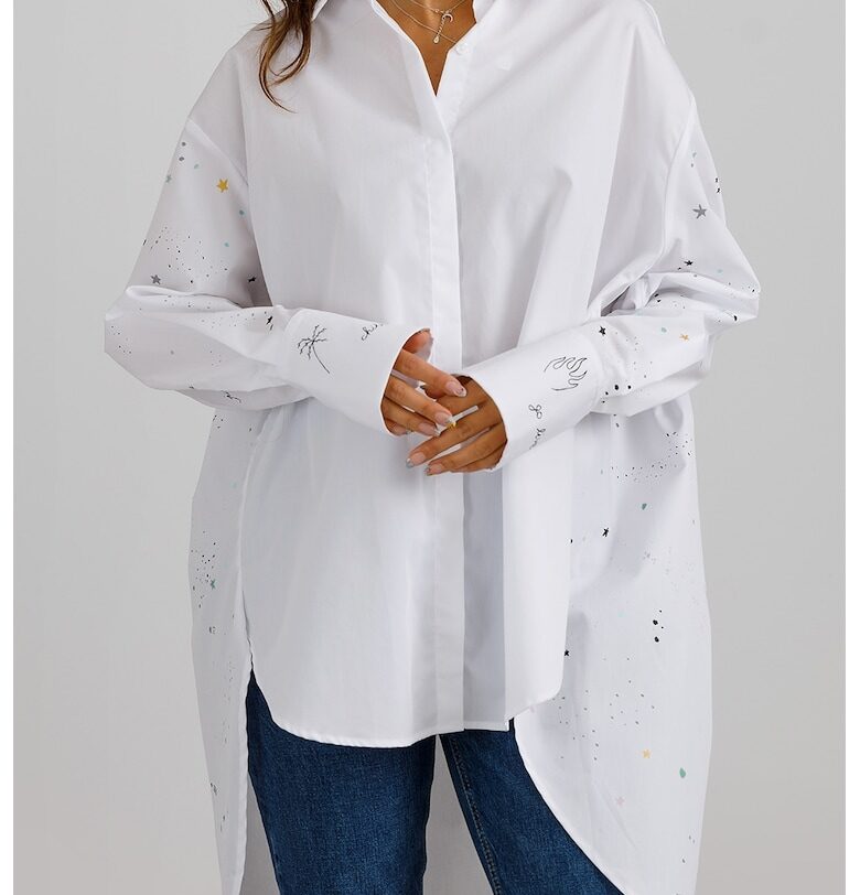 Уголемена риза с издължена задна част - Бял/Зелен/Черен Madlen