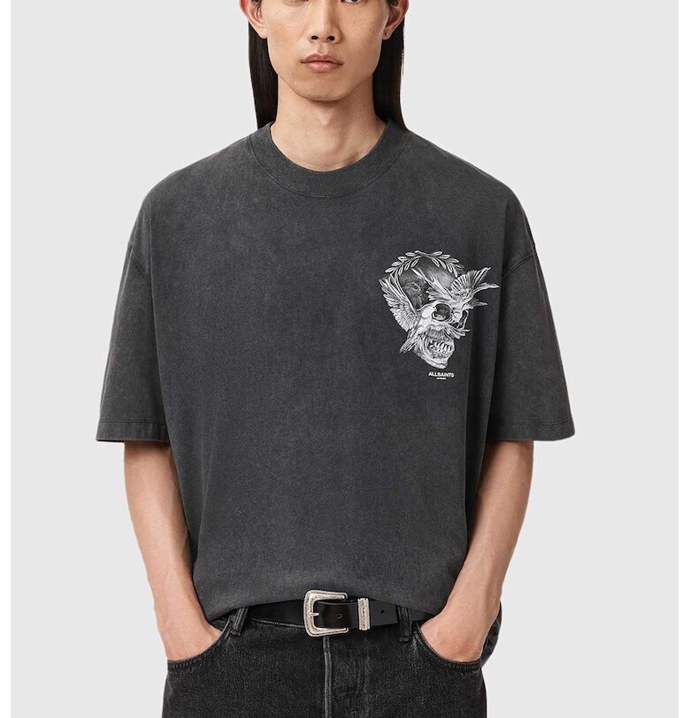 Уголемена тениска Mysteries с принт на гърба - Бял/Tъмносив AllSaints