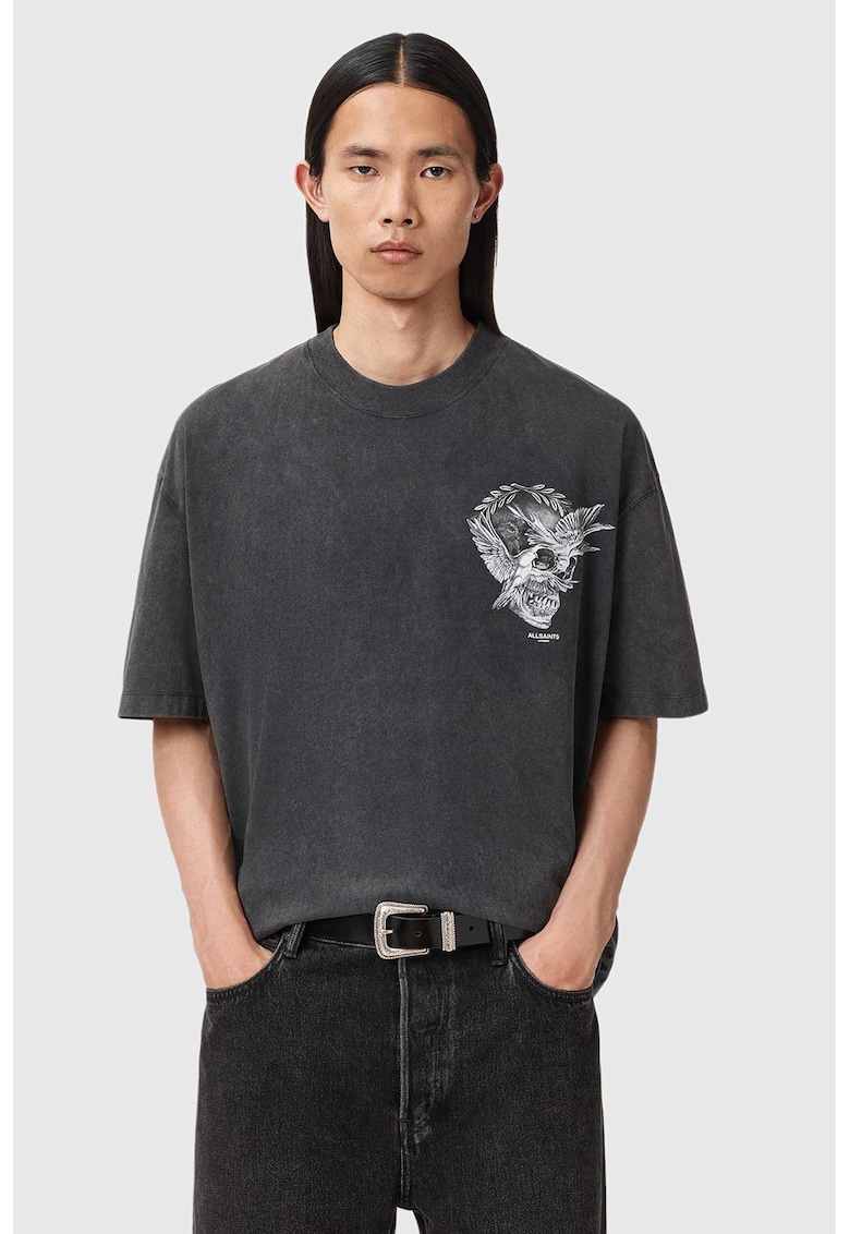 Уголемена тениска Mysteries с принт на гърба - Бял/Tъмносив AllSaints