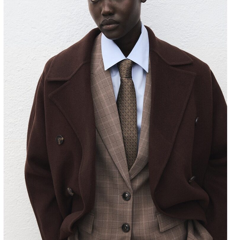 Уголемено палто с вълна - Тъмнокафяв Mango