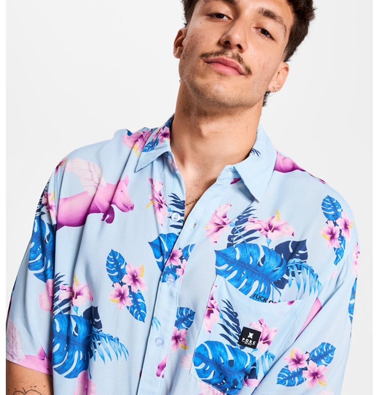Унисекс флорална риза с джоб на гърдите - Кралско Синьо/Бледо синьо/Лилав PORC