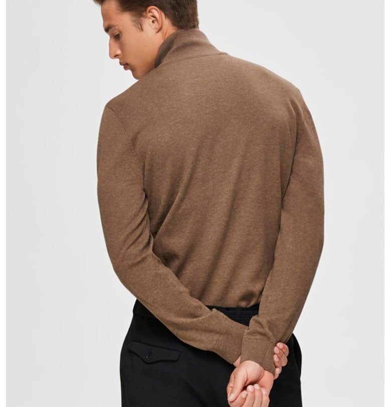 Фино плетен пуловер Berg с къс цип - Кафяв Selected Homme