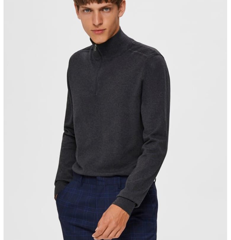 Фино плетен пуловер Berg с къс цип - Tъмносив Selected Homme