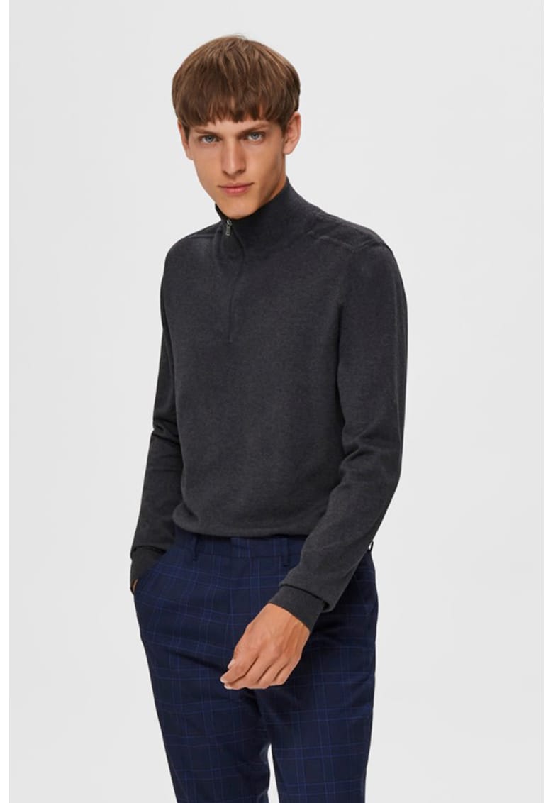 Фино плетен пуловер Berg с къс цип - Tъмносив Selected Homme