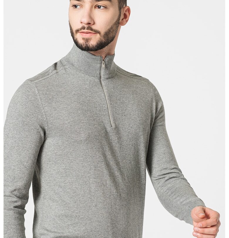 Фино плетен пуловер Berg с къс цип - Сив меланж Selected Homme