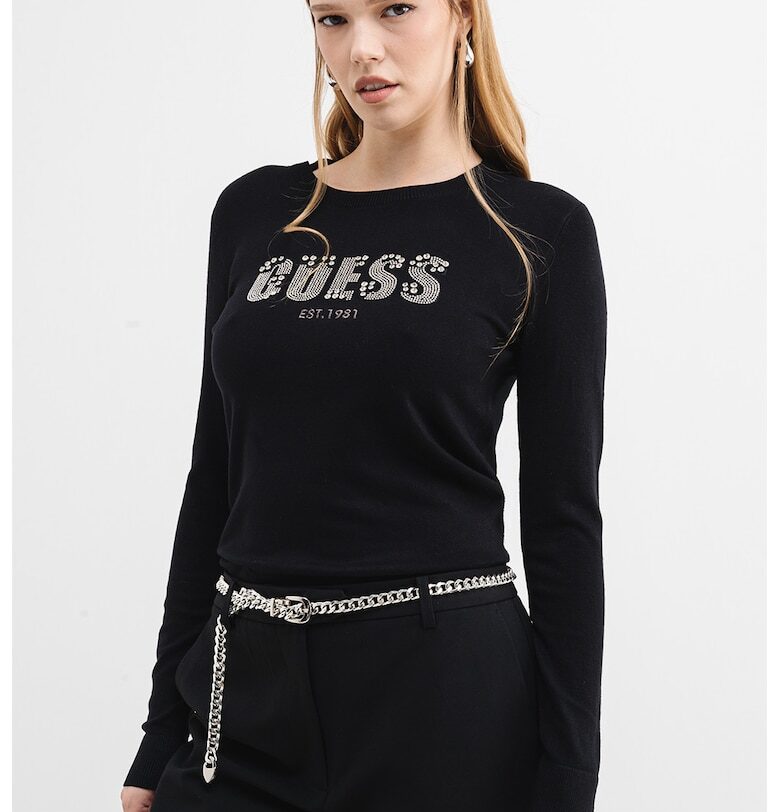 Фино плетен пуловер с лого - Черен/Сребрист GUESS