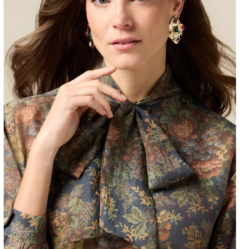 Флорална блуза с панделка - Тъмносин/Каки/Керемидено червено Oltre