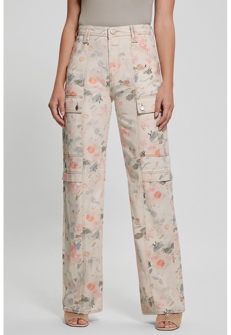 Флорални дънки с права кройка - Праскова/Светлосин/Крем GUESS