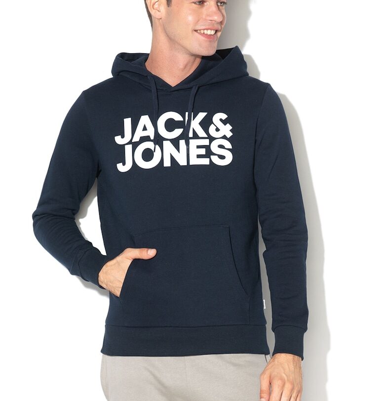 Худи с джоб кенгуру и лого - Бял/Тъмносин Jack  Jones