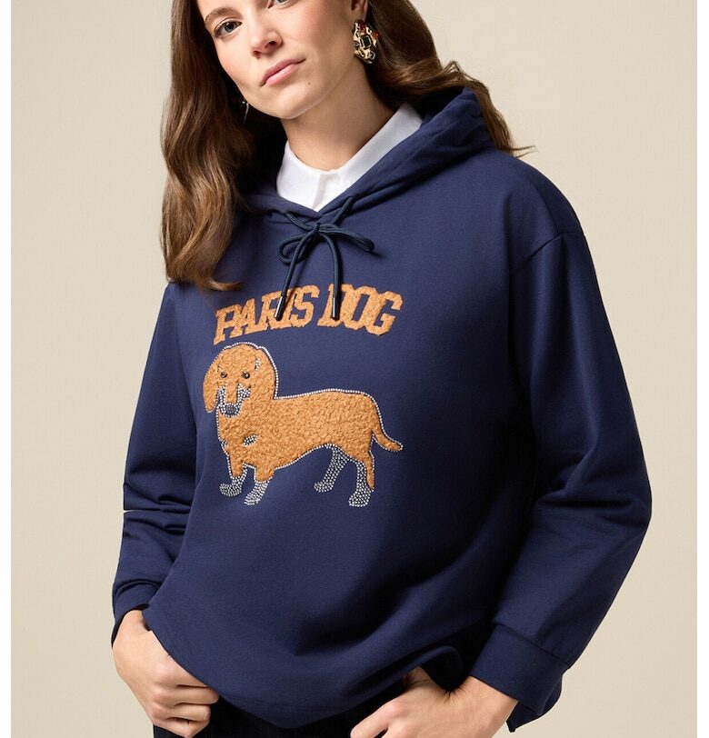 Худи с памук с графика - Тъмносин Oltre