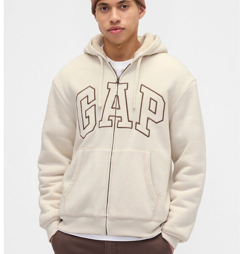 Худи с цип и лого с плюшена подплата - Тъмнокафяв/Светло бежово GAP