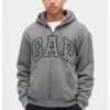 Худи с цип и лого с плюшена подплата - Меланж тъмно сиво GAP