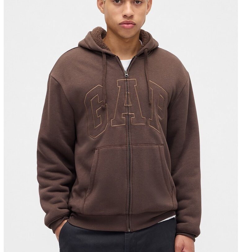 Худи с цип и лого с плюшена подплата - Тъмнокафяв GAP