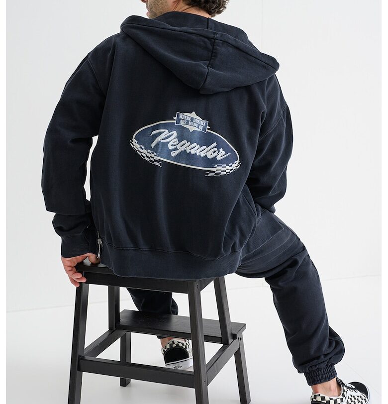 Худи с цип и принт на гърба и паднали ръкави - Избеляло черно Pegador