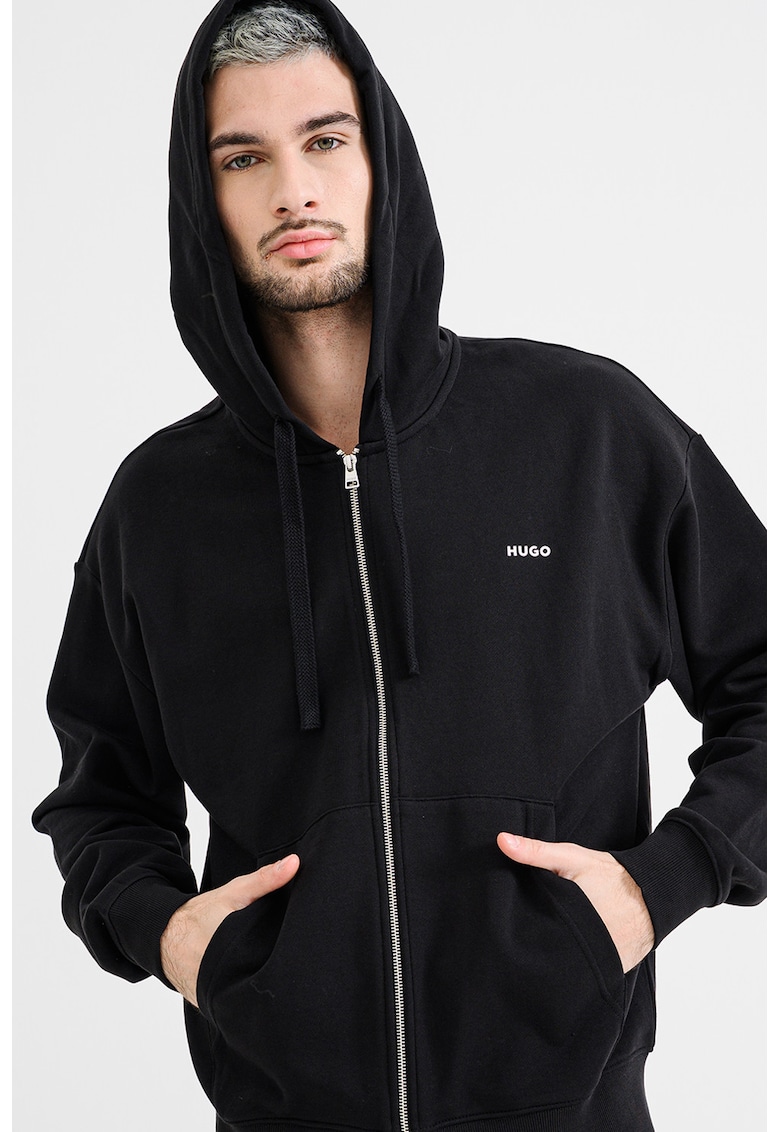 Худи с цип и скосени джобове - Черен HUGO