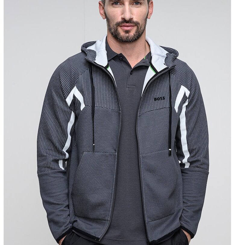 Худи с цип с джобове - Мръснобял/Tъмносив BOSS