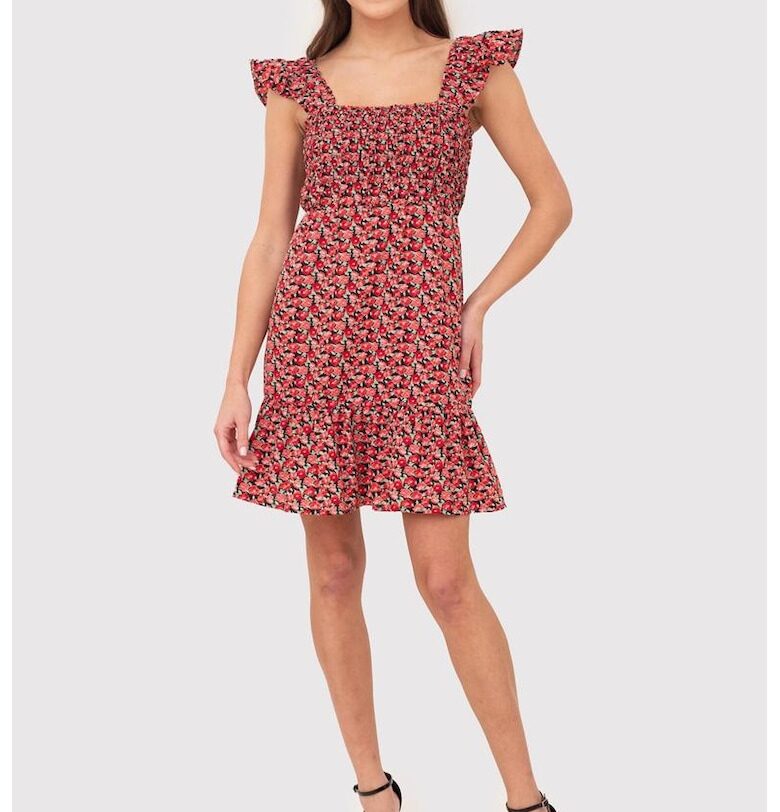 Червена мини рокля с волани и флорален принт DA1795 MULTI Ax Paris