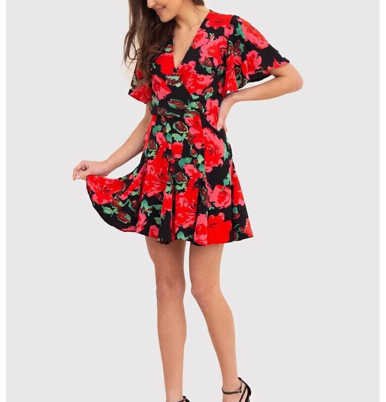 Червена мини рокля с флорален принт DA1858 RED Ax Paris