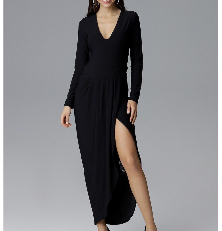 Черна елегантна макси рокля -  V-образно деколте - дълъг ръкав - полиестер - Figl