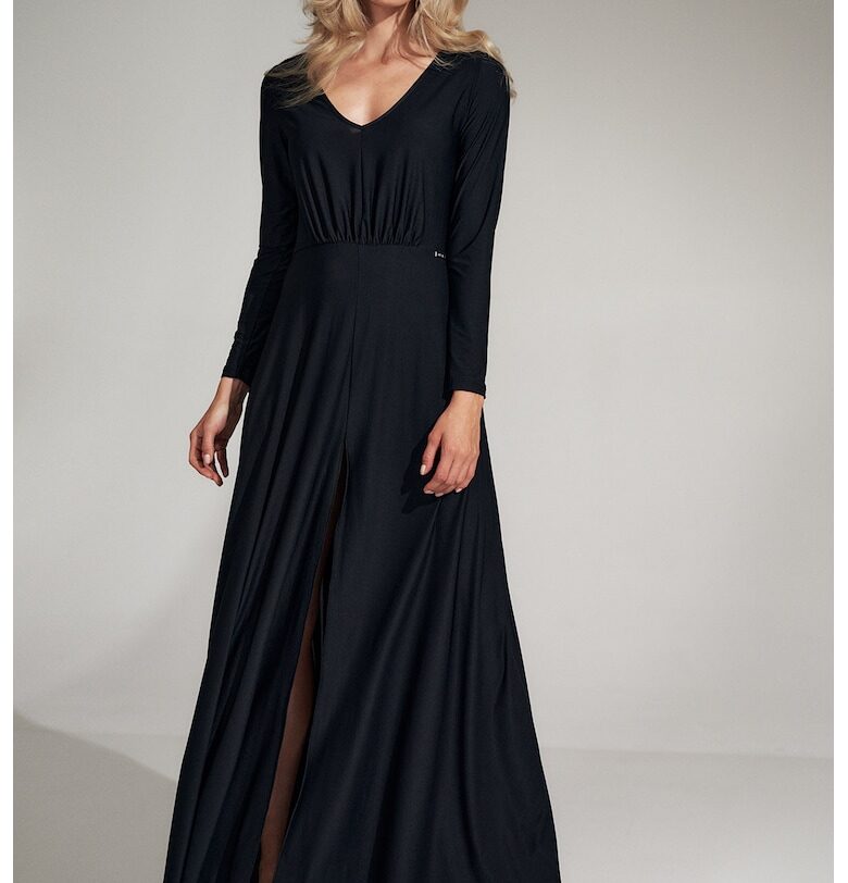 Черна - елегантна рокля с цепка от полиестер и еластан Figl