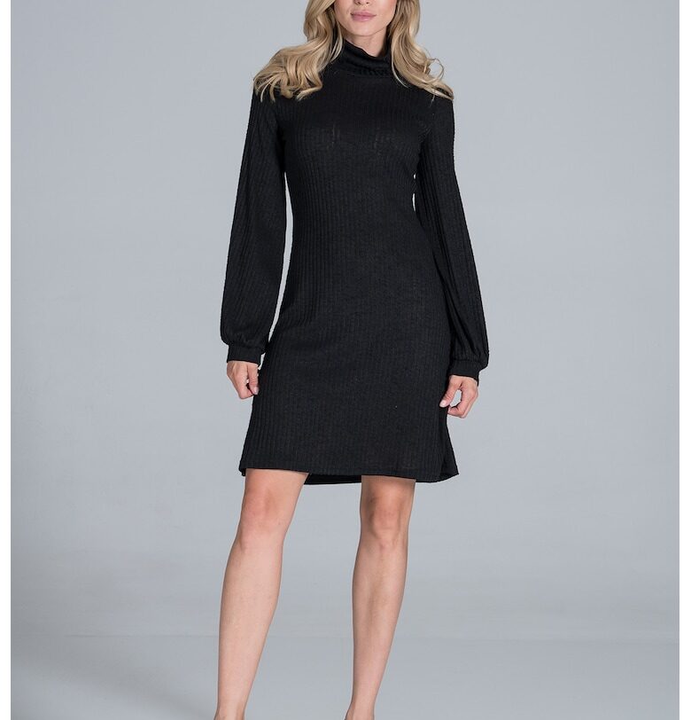 Черна рокля  M831 - елегантна - с дълги бухнали ръкави - 65% полиестер - 30% вискоза Figl