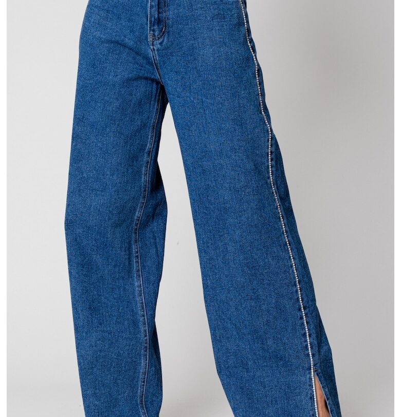 Широки дънки от деним с кристали в синьо 16342 - Син uFIT