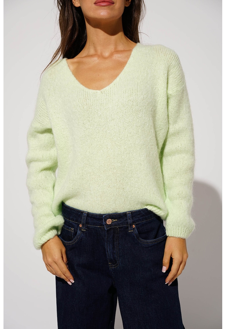 Шпиц пуловер с мохер и паднали ръкави - Светлозелен Hermosa