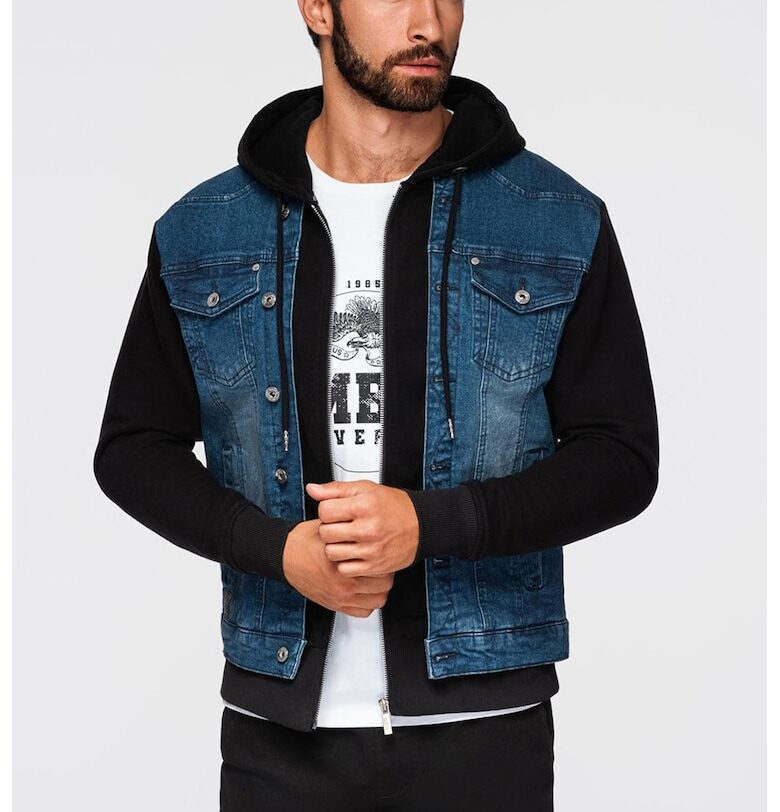 Яке от деним с качулка - Черен/Петролно синьо OMBRE