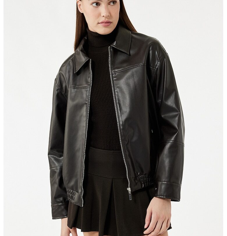 Яке от еко кожа с остра яка - Тъмнокафяв KOTON