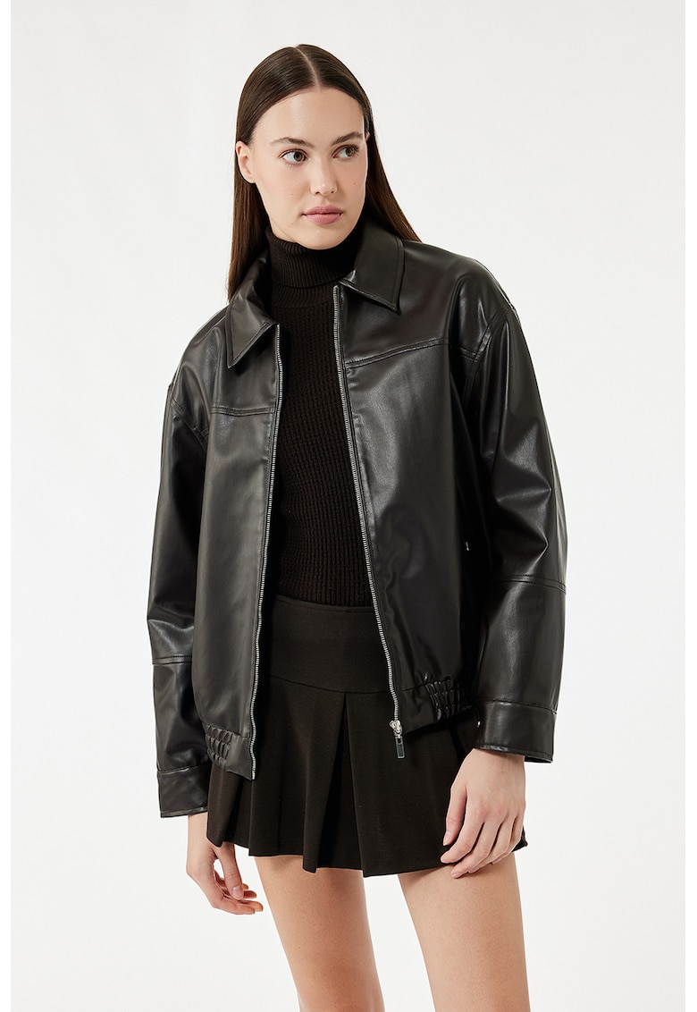 Яке от еко кожа с остра яка - Тъмнокафяв KOTON