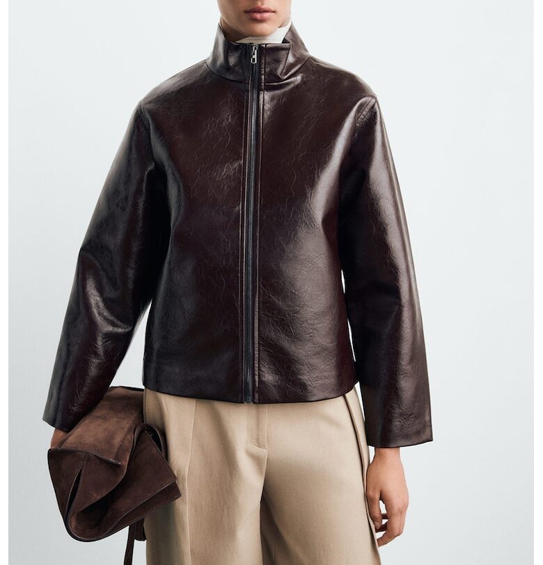 Яке от еко кожа с цип - Тъмнокафяв Mango