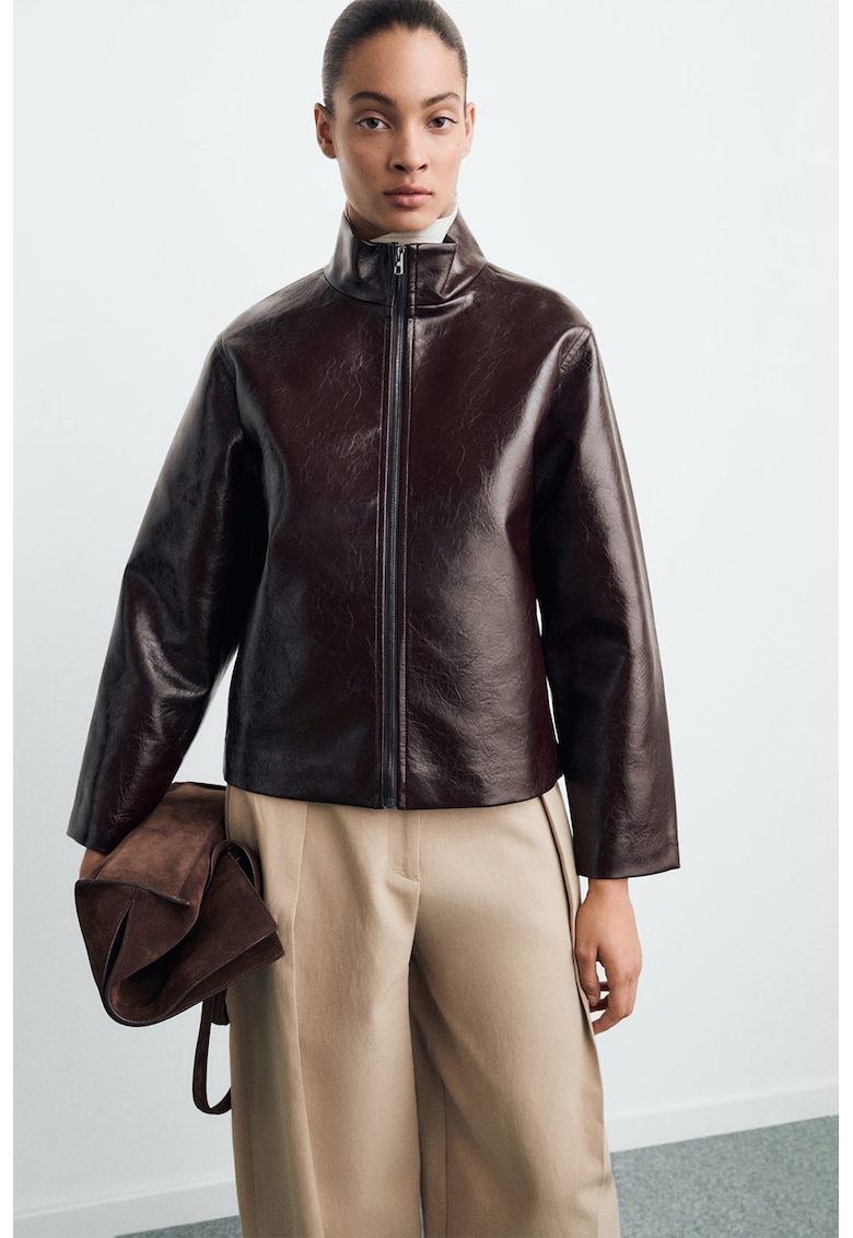 Яке от еко кожа с цип - Тъмнокафяв Mango