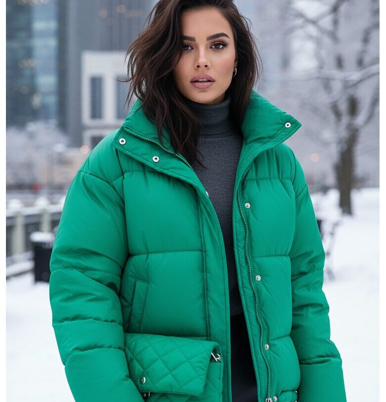 Яке  пухено - зелено - късо - ежедневно - с висока яка - цип - джобове Figl