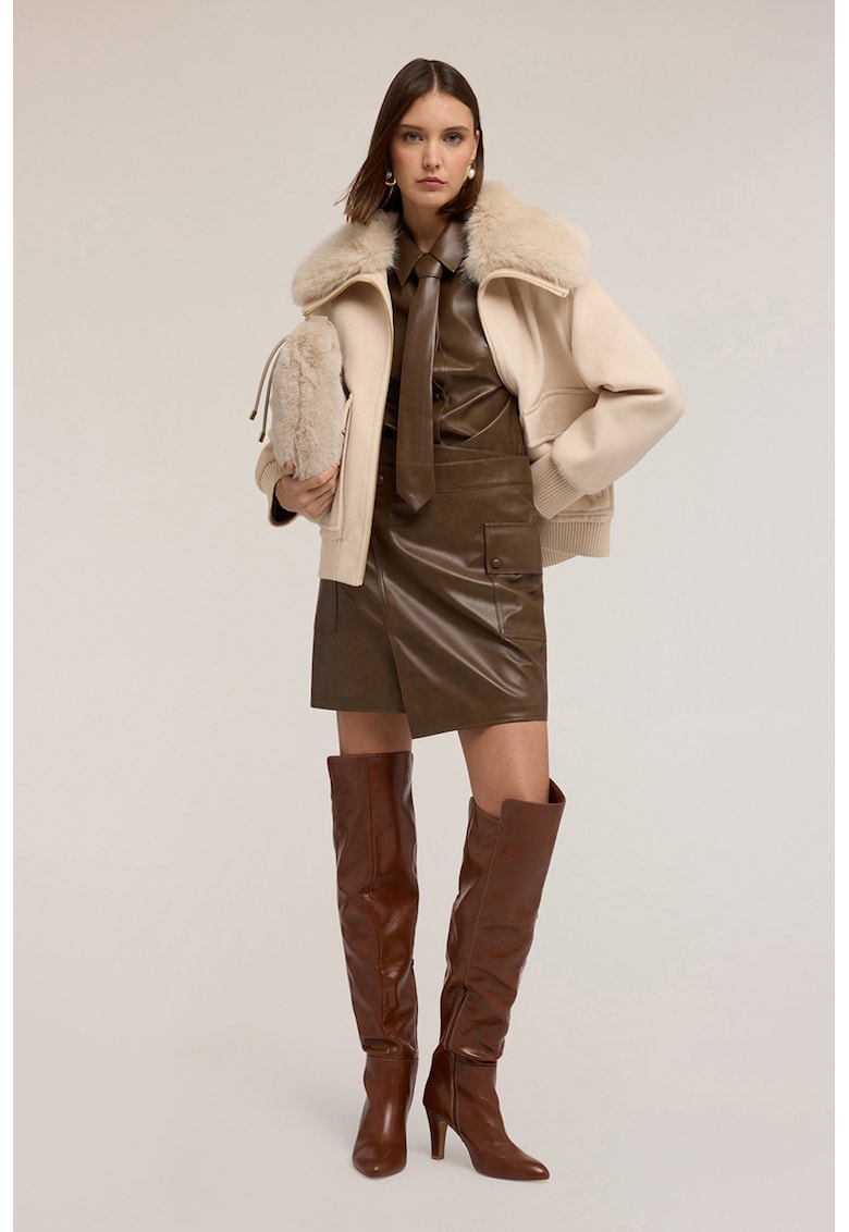 Яке с вълна с яка от еко пух - Мръснобял Motivi