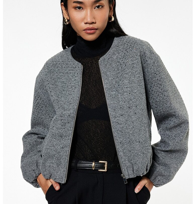 Яке с цип и декоративни камъни - Tъмносив KOTON