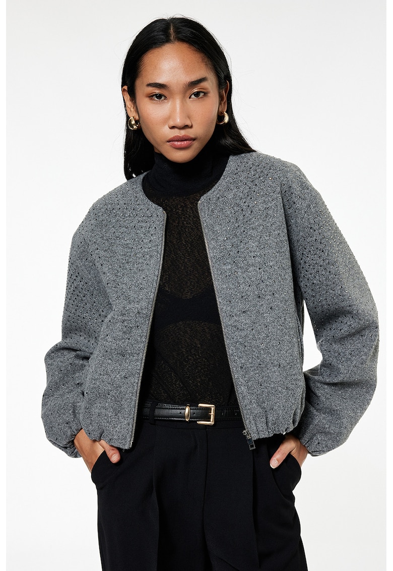 Яке с цип и декоративни камъни - Tъмносив KOTON