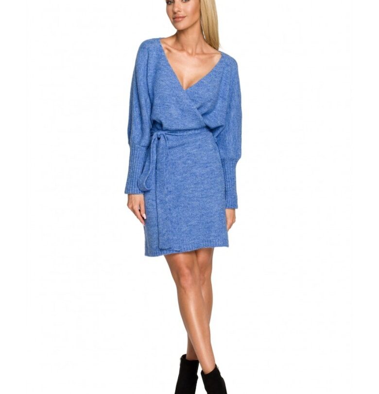 рокля-пуловер - V-образно деколте - акрил - вълна - синьо MOE