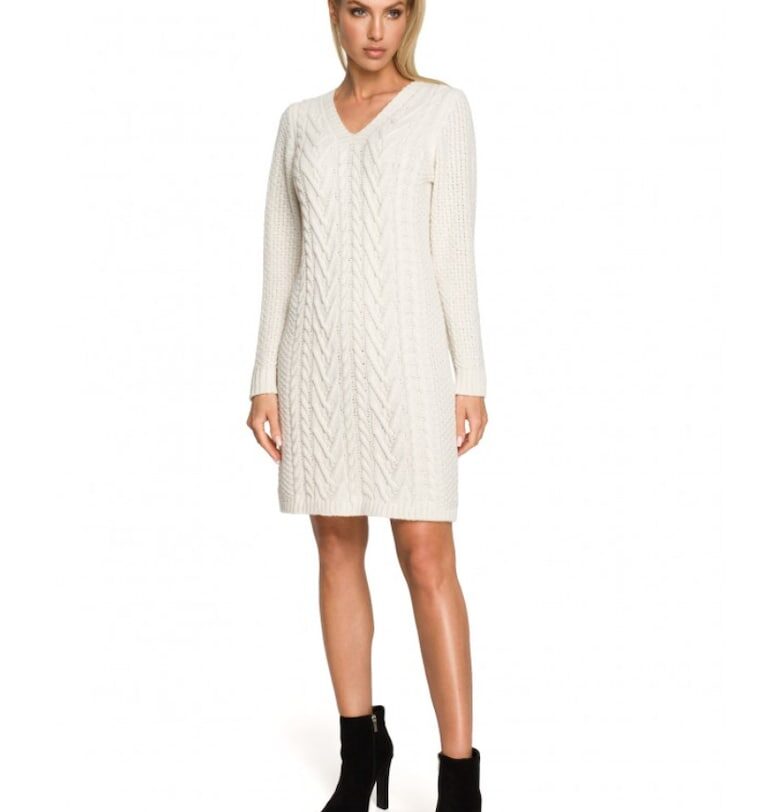 рокля-пуловер - V-образно деколте - акрил - екрю MOE